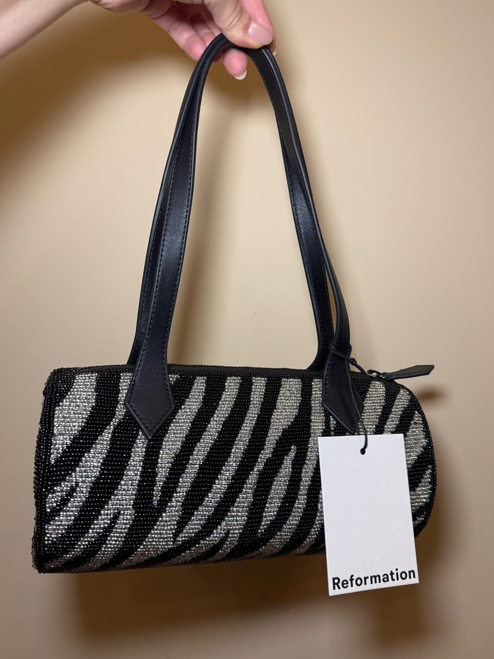 NWT Reformation Zebra Aurora Beaded Baguette Barrel Shoulder Bag Black Silver
